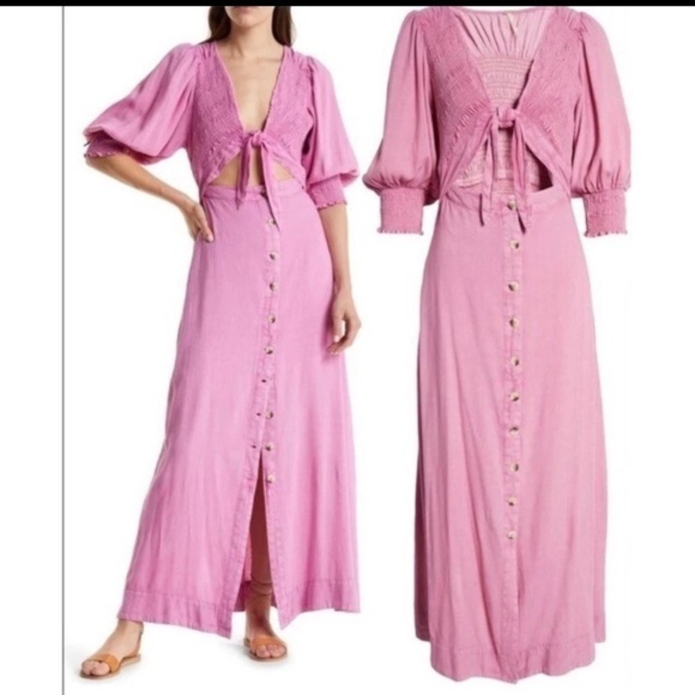 Free People Pink Linen Maxi Dress String of Hearts Boho Tie Front Cutout Rose S